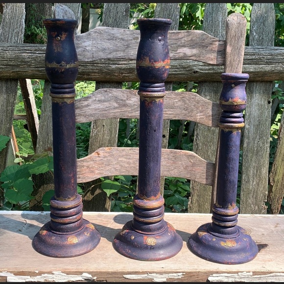 Three Wood Metal Distressed Candlesticks - Picture 4 of 9